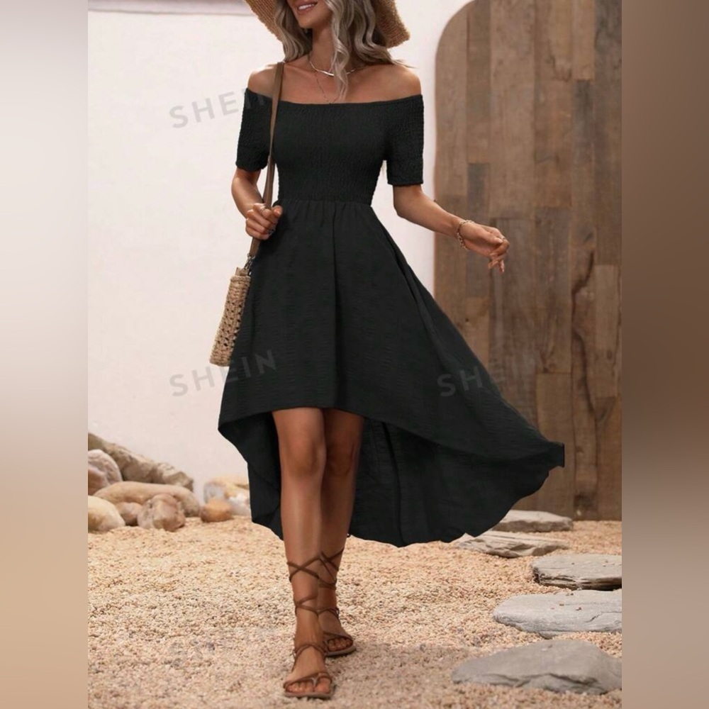 Black Off Shoulder High Low Hem Dress